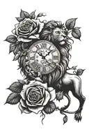 lion roses time clock tattoo design idea