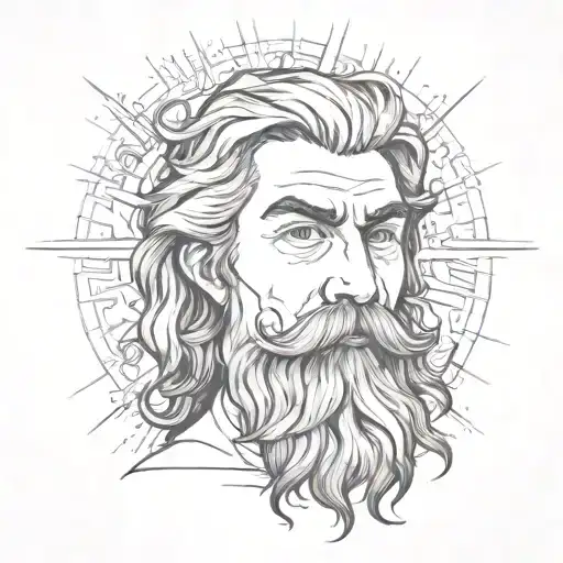 The sun, with rays like hair and long hair, mustache and beard. Looking forward, thick eyebrows, stern gaze tattoo design idea