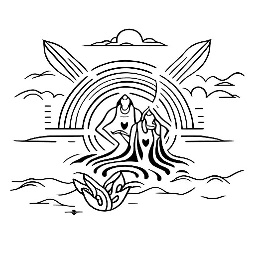 A grounding tattoo design of two cheetah girls meditating near a flowing river, surrounded by nature and music symbols tattoo design idea