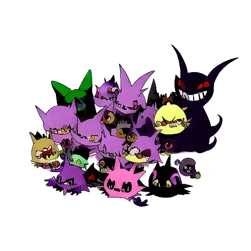 pokémon gengar, mismagius, banette, duskull, dragapult, shiny blacephalon tattoo design idea