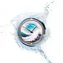 A timepiece merging with a wave, creating a surreal and dynamic design tattoo design idea