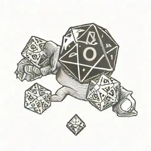 A d20 that is displaying a 10.5 on the face. Boxing glove draped over the dice and it around it text that says just roll tattoo design idea