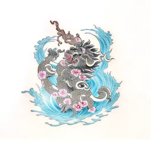 Foo Dog WITH CHERRY BLOSSOM AND WAVE tattoo design idea