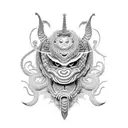 An oni mask with snake-like scales, combining the client's favorite elements into a unique and intricate design tattoo design idea