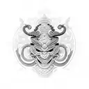 An oni mask with snake-like scales, combining the client's favorite elements into a unique and intricate design tattoo design idea