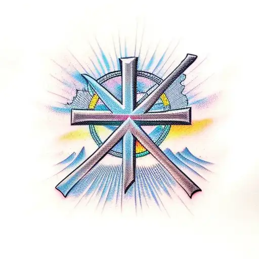 Christian Cross, waves, mountains tattoo design idea