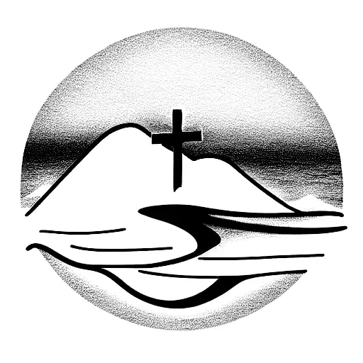 Christian Cross, waves, mountains, and sports car tattoo design idea
