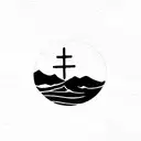 Christian Cross, waves, mountains, and sports car tattoo design idea