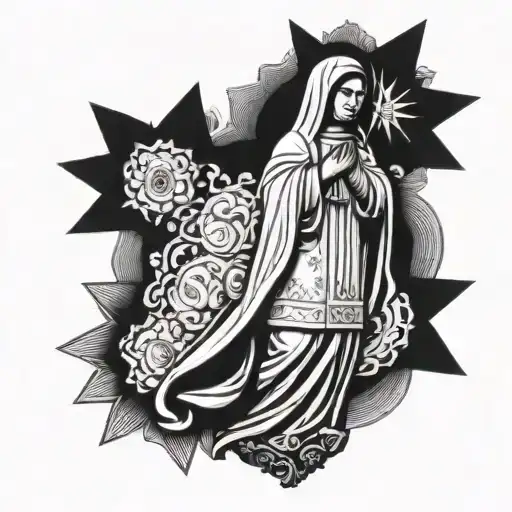 The Virgin of Guadalupe standing before a Templar cross tattoo design idea