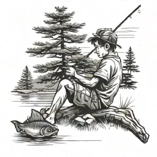 boy sitting under pine tree fishing  tattoo design idea