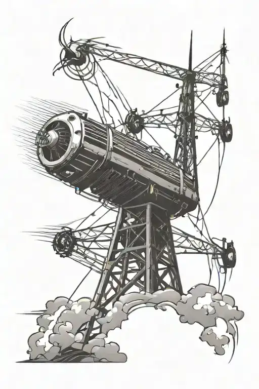 radio tower with lightning bolts and radio waves tattoo design idea