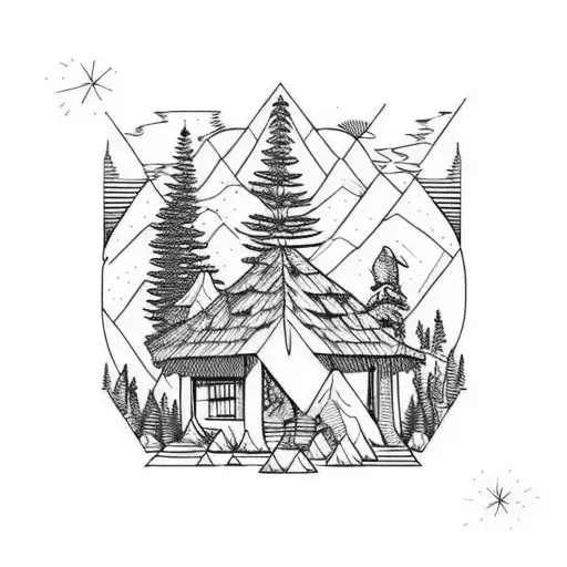 Mountain Scene lake forest camp tattoo design idea