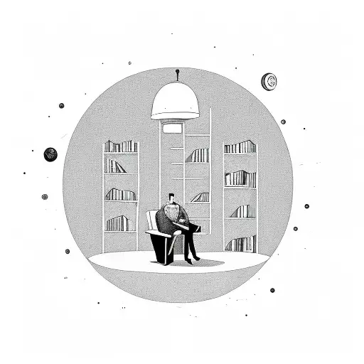 A captivating illustration of a psychologist sitting in a thought bubble, surrounded by books tattoo design idea