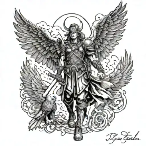A warrior angel with an eagle, incorporating the names Judy L. Duty and Eurshel B. Duty, along with dog paw prints for Monty, Rayden Blain, and Dakota Rain, followed by the numbers 3 and 9 tattoo design idea