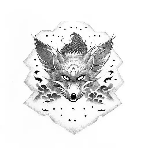 Two-tailed fox eats the universe from the body of a dead astronaut tattoo design idea