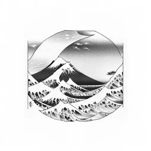 a black and white light house with a red roof, waves of kanagawa surrounding it and sunflowers wrapped around it like a  tattoo design idea