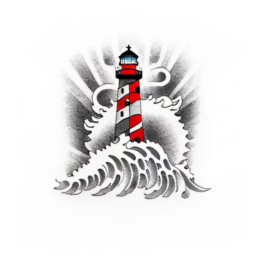 A lighthouse with black and white stripes with a red balcony and top, surrounded by waves of kanagawa and sunflowers tattoo design idea