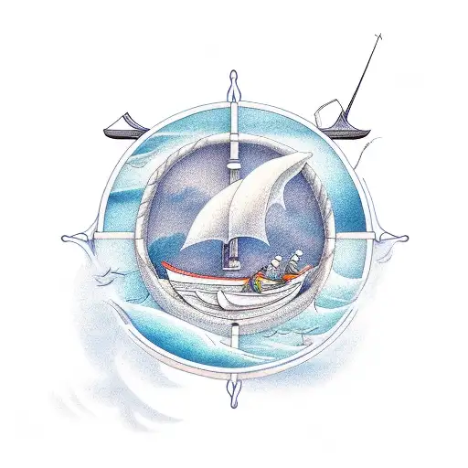 A realistic portrayal of a fisherman sailing on a book-shaped boat in the vast sea tattoo design idea