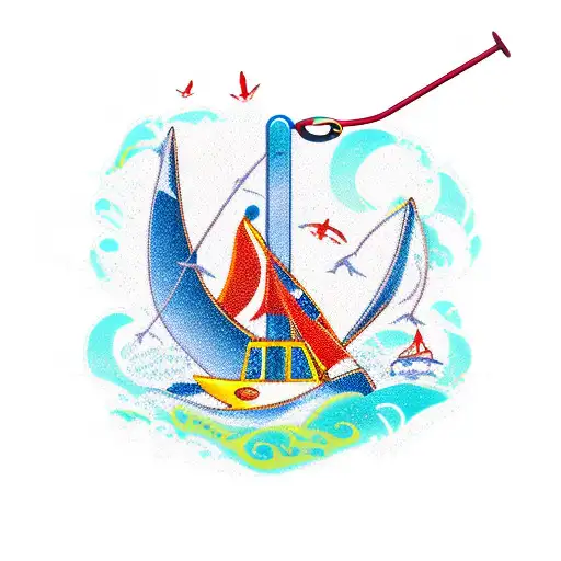 A new-school design featuring a colorful book with a fishing hook as its bookmark, surrounded by waves and seagulls tattoo design idea