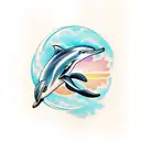 minimalist tattoo of a dolphin and text (Donfi), line drawing style tattoo design idea