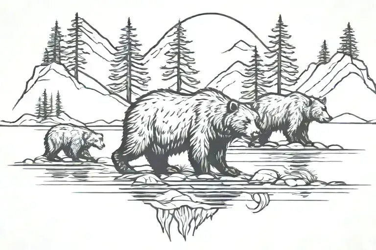 papa bear, momma bear, with two cubs walking in front of a lake under a mountain range tattoo design idea