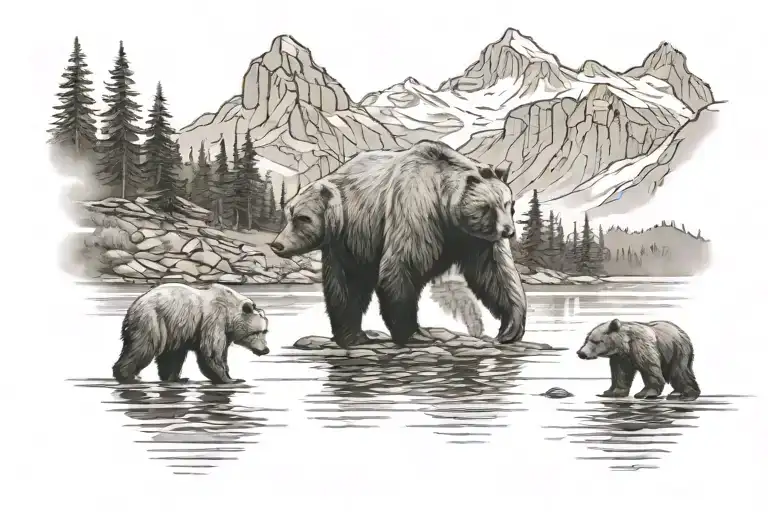 two bear, with two cubs walking in front of a lake under a mountain range tattoo design idea