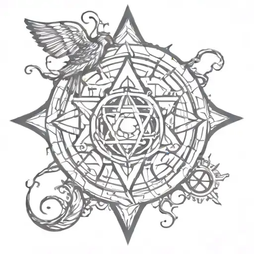 A tattoo design incorporating supernatural elements and omens intertwined with symbols of human psychology, representing the mysterious and enigmatic nature of the mind tattoo design idea