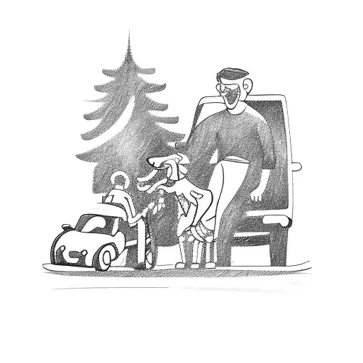 A sketch style tattoo of a father and son playing with toy cars in front of their home, with a dog running alongside them tattoo design idea