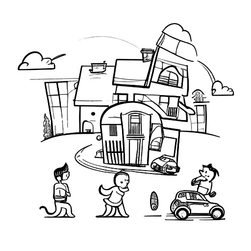 A sketch style tattoo of a father and son playing with toy cars in front of their home, with a dog running alongside them tattoo design idea