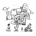 A sketch style tattoo of a father and son playing with toy cars in front of their home, with a dog running alongside them tattoo design idea