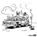 A sketch style tattoo of a father and son playing with toy cars in front of their home, with a dog running alongside them tattoo design idea