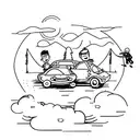 A sketch style tattoo of a father and son playing with toy cars in front of their home, with a dog running alongside them tattoo design idea