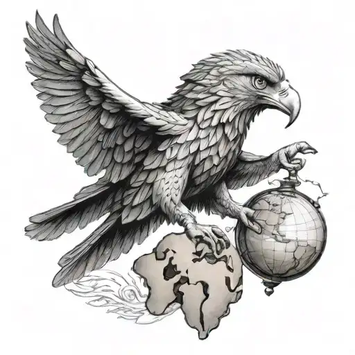 A tattoo design representing the philosophy of Alexander the Great, with an eagle holding an atlas, in a dotwork style tattoo design idea
