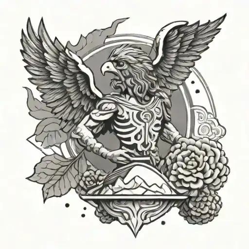 A tattoo design representing the philosophy of Alexander the Great, with an eagle holding an atlas, in a dotwork style tattoo design idea