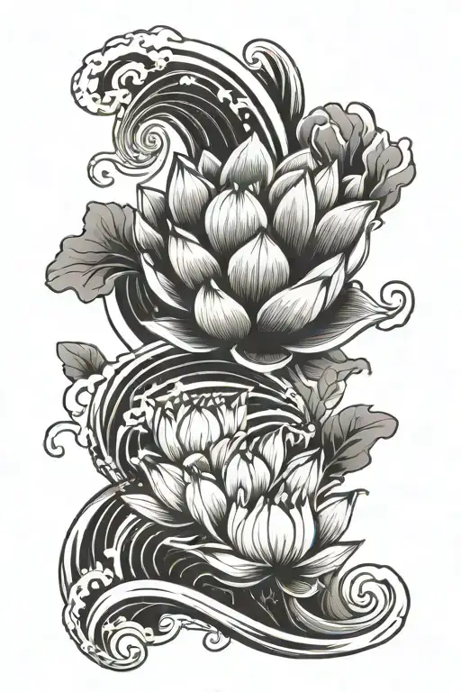 japanese waves with lotus flower growing spiral tattoo design idea