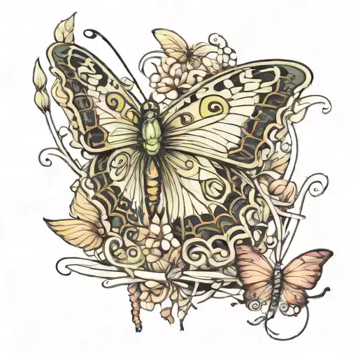 A butterfly perched on the back of a preying mantis tattoo design idea