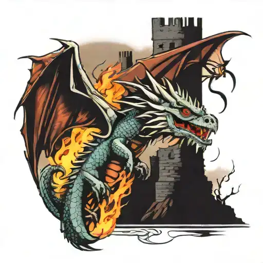 A fierce dragon breathing fire and surrounded by medieval castle ruins, capturing the client's love for dragons and renaissance aesthetics tattoo design idea