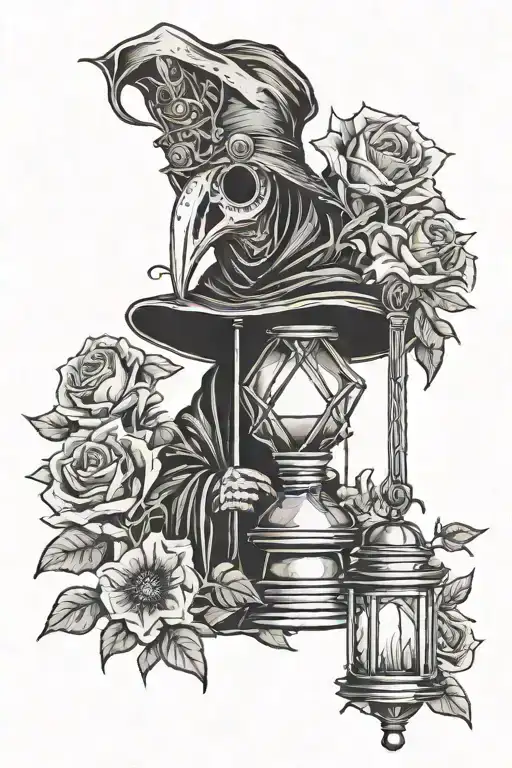 plague doctor hold lantern with flowers intertwined tattoo design idea