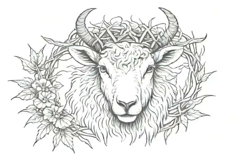 lamb wearing crown of thorns facing forward, no horns on lamb tattoo design idea