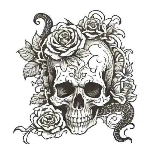 A skull surrounded by roses and fire, with a snake weaving through the design tattoo design idea