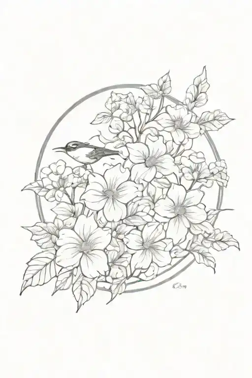 floral and tree design for sleeve with nasturtiums, aspen leaf, sequoia tree ring, mountain laurel, cherry blossom, bird tattoo design idea