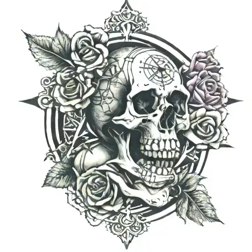 skull and roses with compass, cross and pocket watch intertwined tattoo design idea
