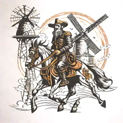 don quixote against windmills tattoo design idea