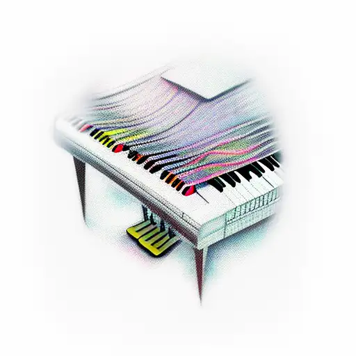 A piano keyboard intertwined with musical notes and gaming controllers tattoo design idea