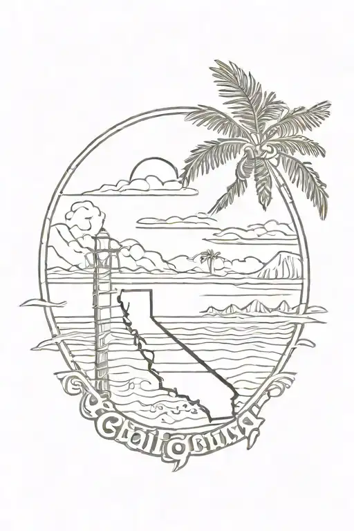 Outline of California with Sublime 40oz to Freedom sun in the top with a beach pier running through the bottom  tattoo design idea