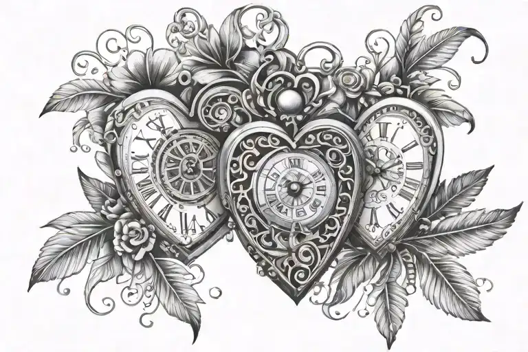 two heart shaped locket clocks held together by vines, flowers, feathers tattoo design idea