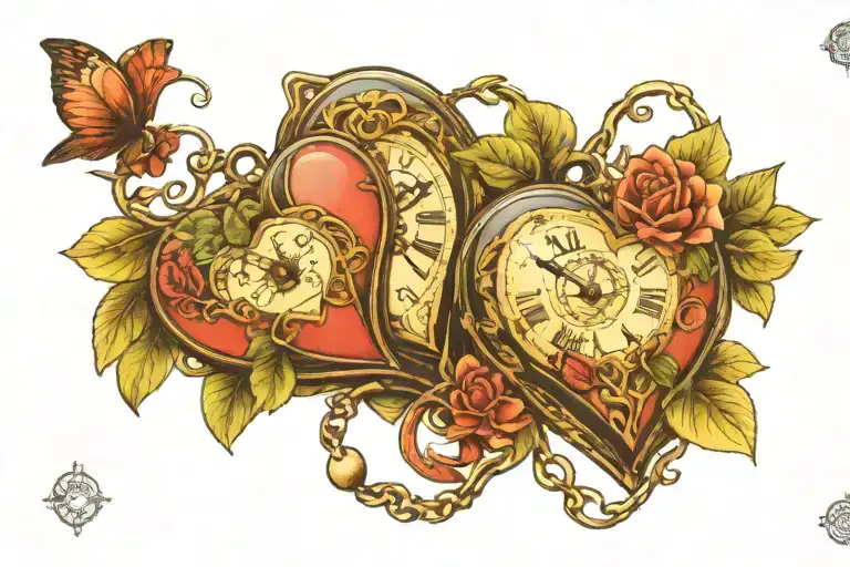 two heart shaped locket clocks held together a few inches apart by vines, flowers, feathers tattoo design idea