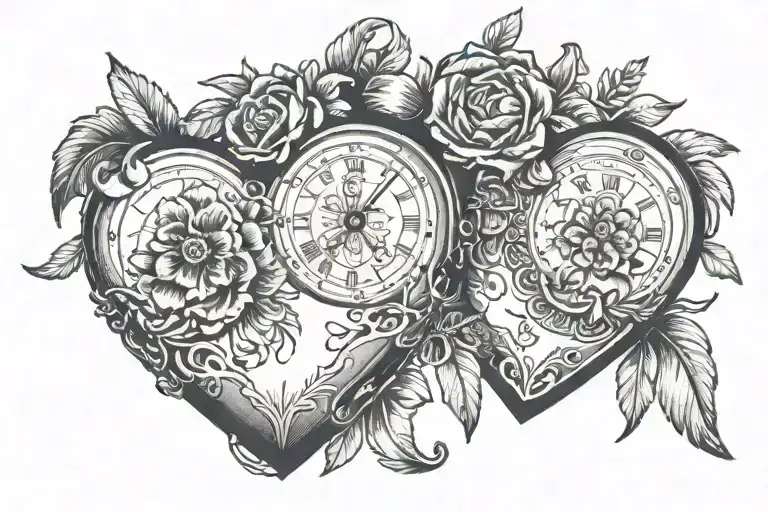 two heart shaped locket clocks held together a few inches apart by flowers, feathers tattoo design idea