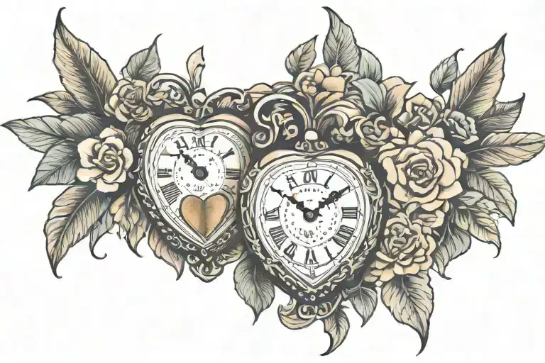 two heart shaped locket clocks held together a few inches apart by vines, flowers, feathers tattoo design idea