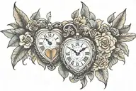 two heart shaped locket clocks held together a few inches apart by vines, flowers, feathers tattoo design idea